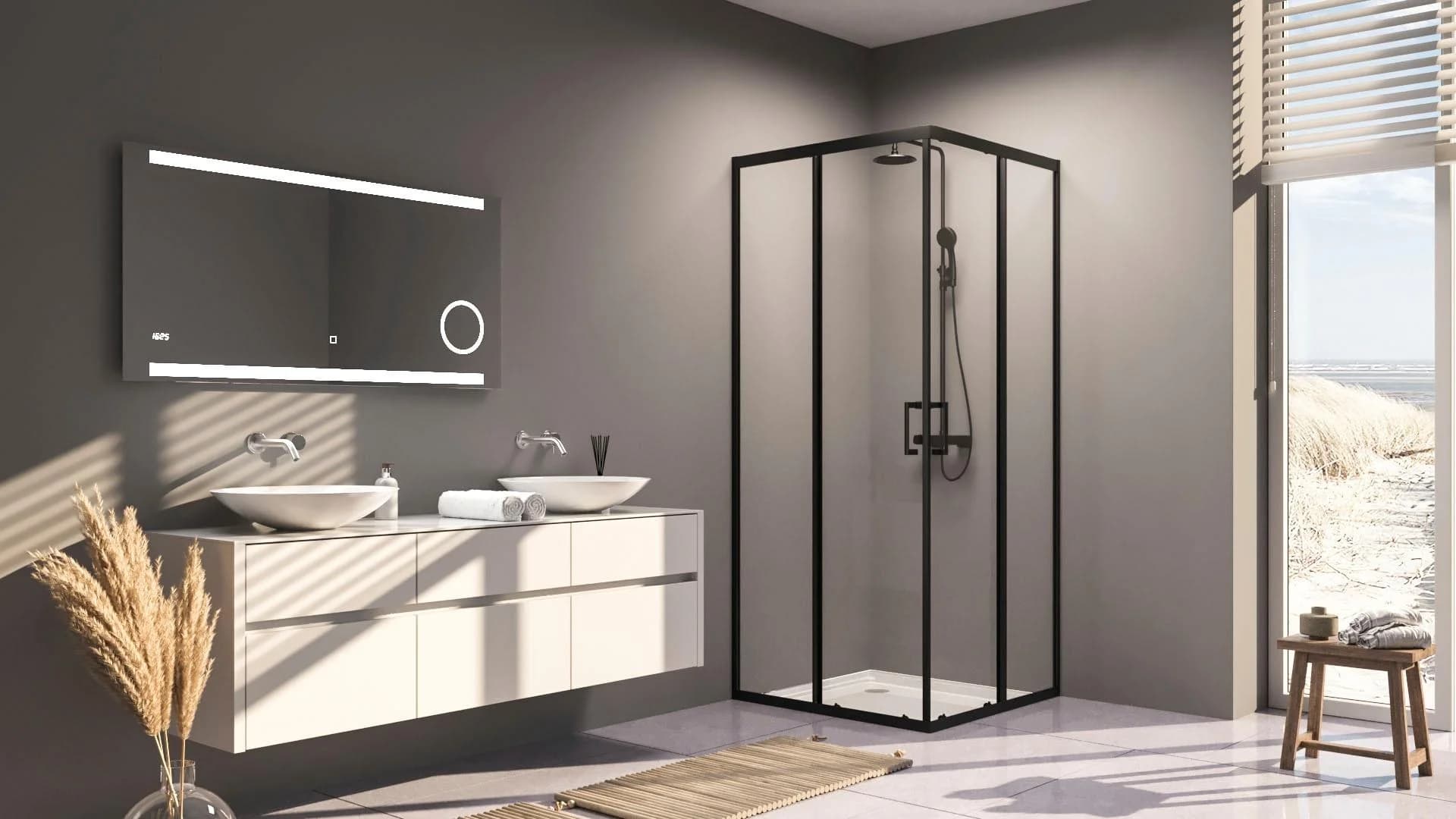 Eckdusche MARWELL Schwarz Schiebetür 90x200x90 cm