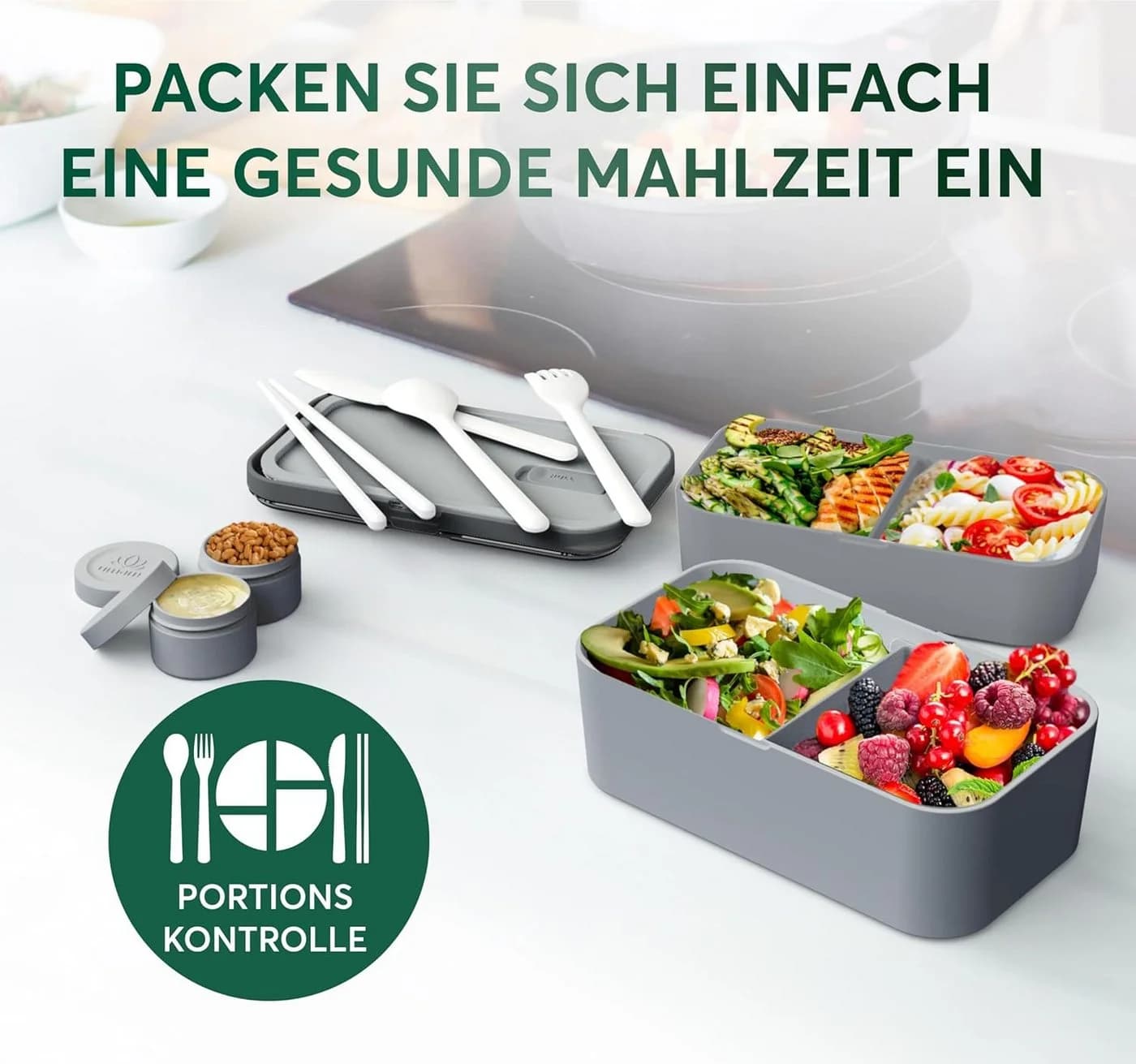 UMAMI Bento Lunchbox Grau mit Besteck & Saucenbehältern