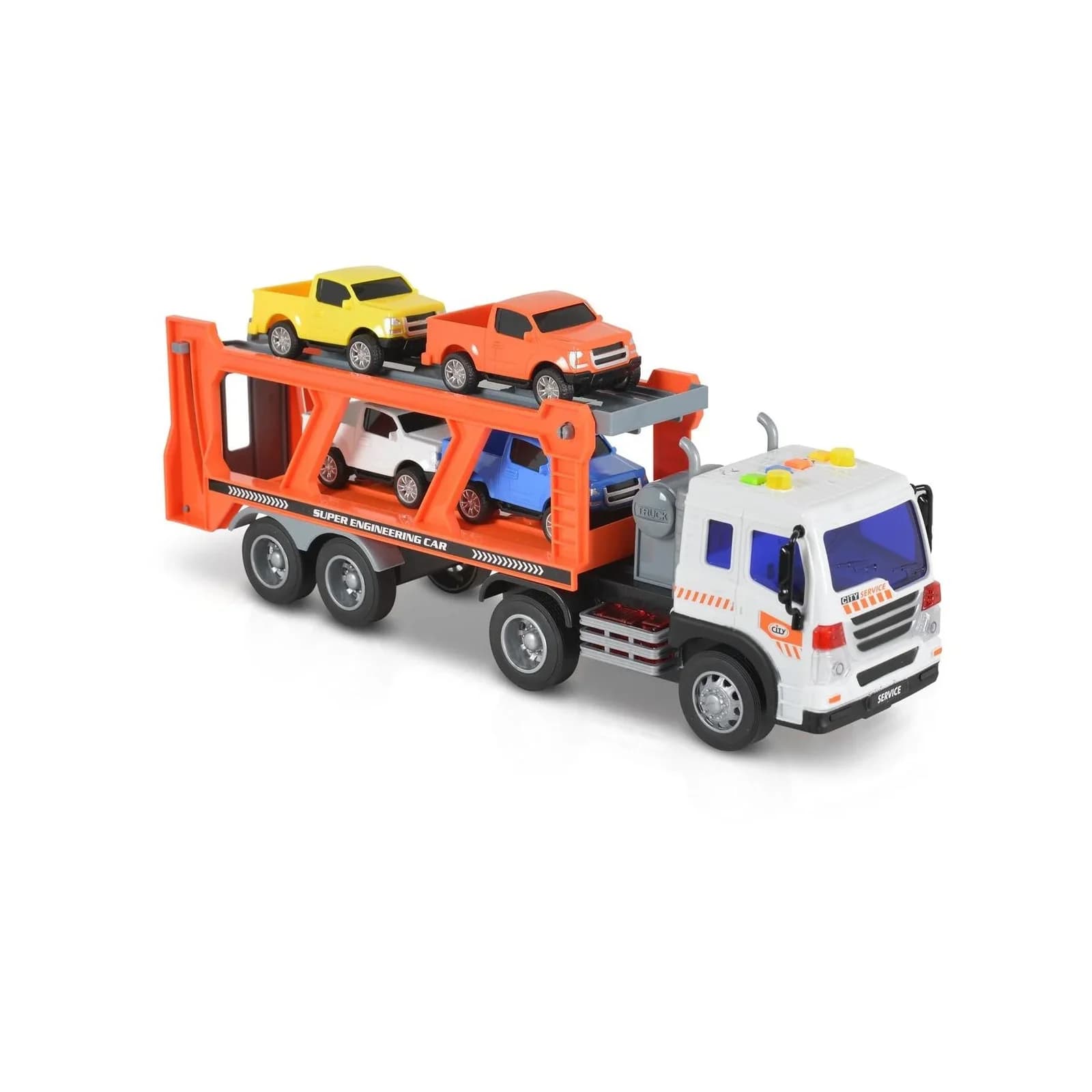 Moni Spielzeug-Autotransporter WY572A mit Soundfunktion, 1:16, Ladefläche, 4 Autos
