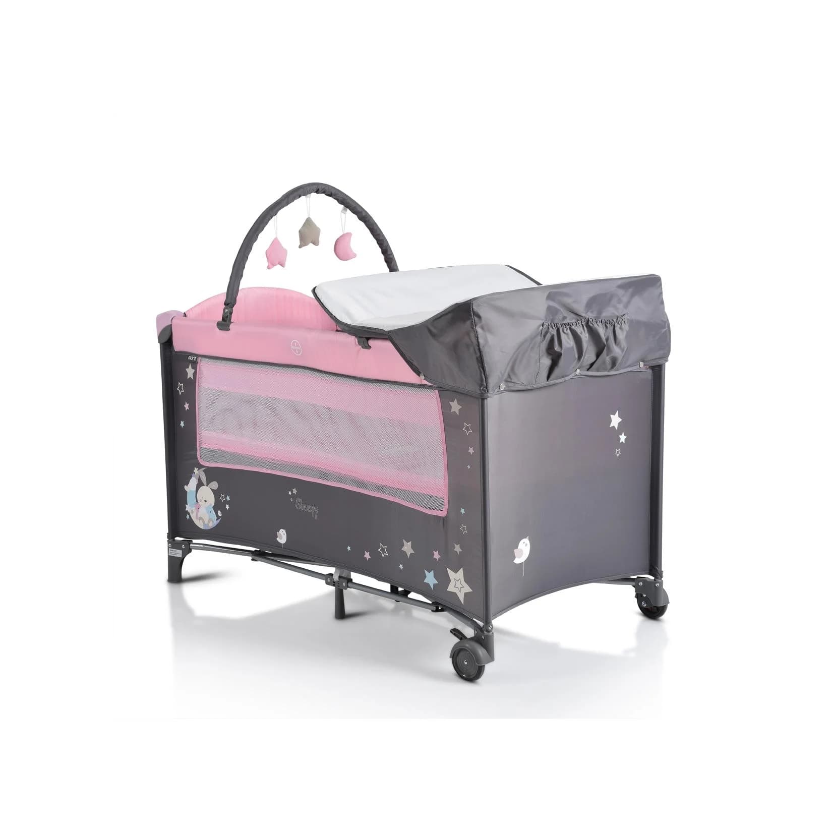 Moni Reisebett Sleepy mit Rollen, Wickelauflage, Spielbogen Grau/Rosa