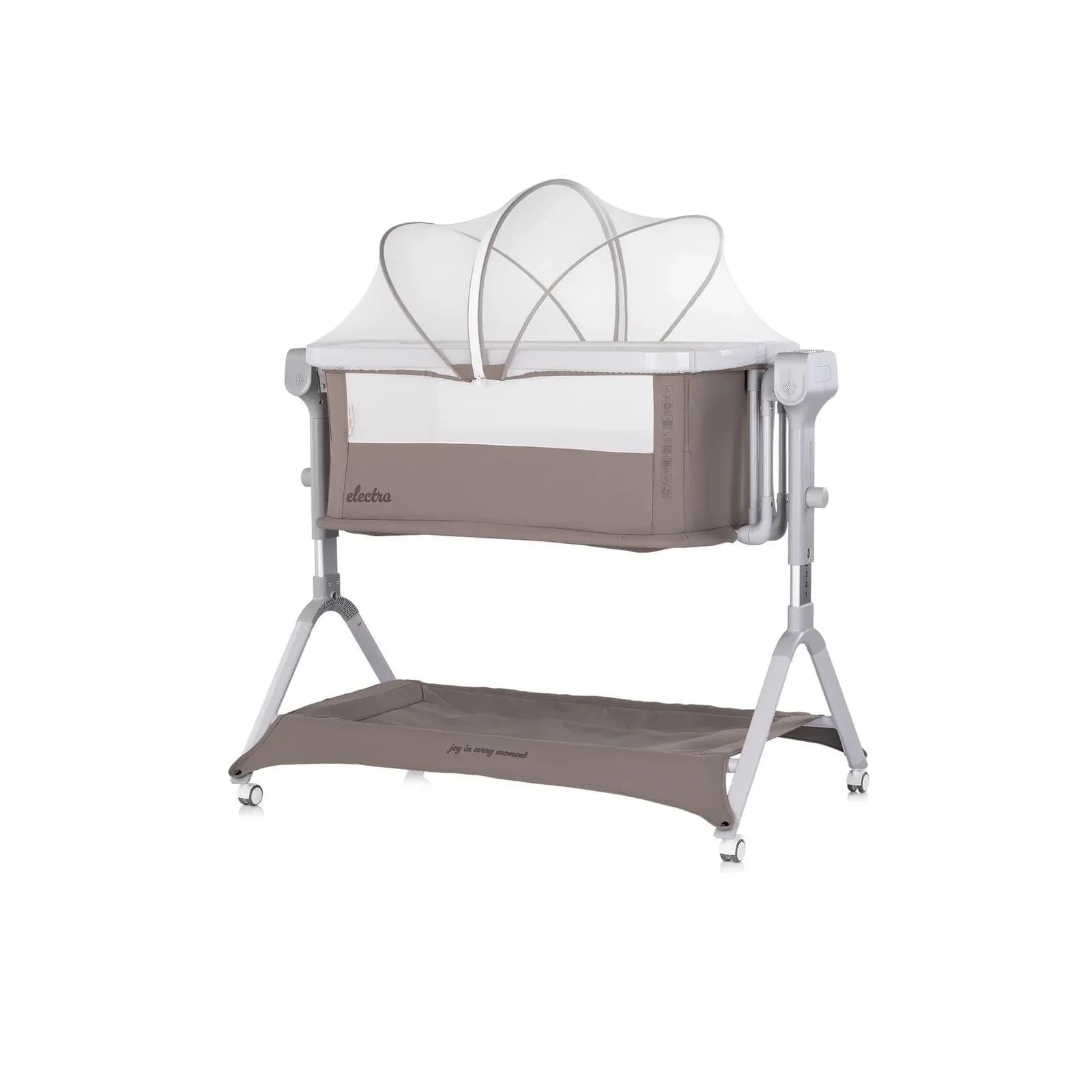 Chipolino Beistellbett Electra mit Schaukel, Musik & Moskitonetz hellbraun