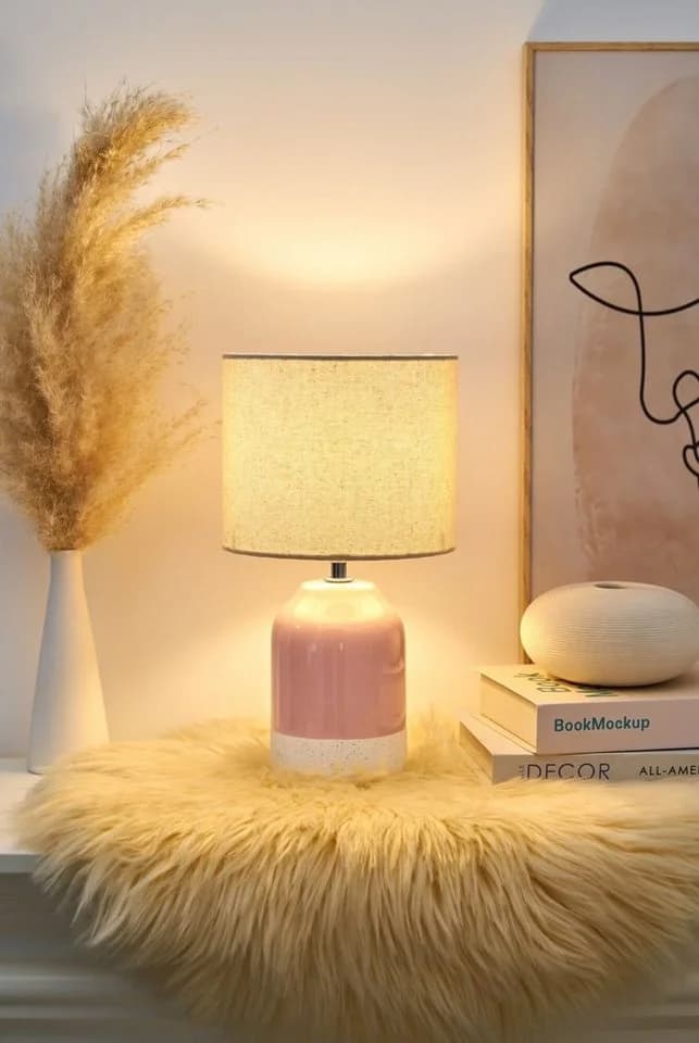 PAULEEN Tischleuchte Sandy Glow Keramik Stoffschirm Rosa Beige