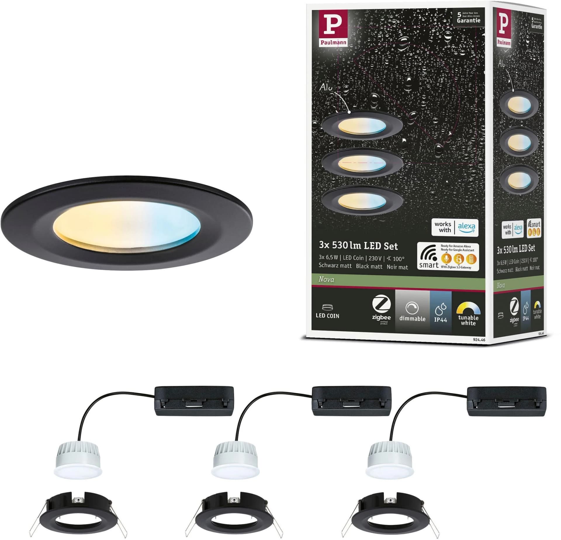 PAULMANN LED Einbauleuchte Nova Coin IP44 rund 78mm Schwarz 3 Stk.