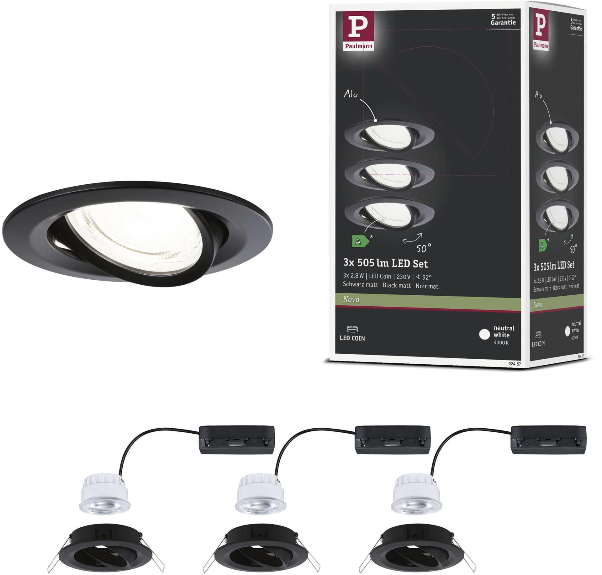 PAULMANN LED Einbauleuchte Nova Coin rund 84mm 50 schwarz 3 Stk.