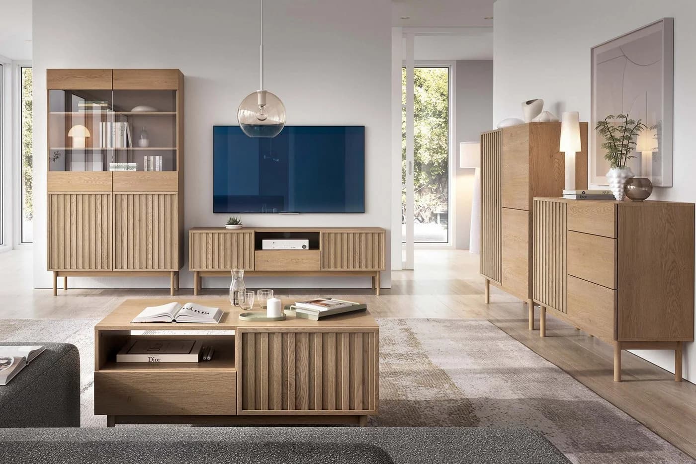 KONSIMO Kommode HARMA Loft-Stil Lamellentüren Push-to-Open Helle Eiche