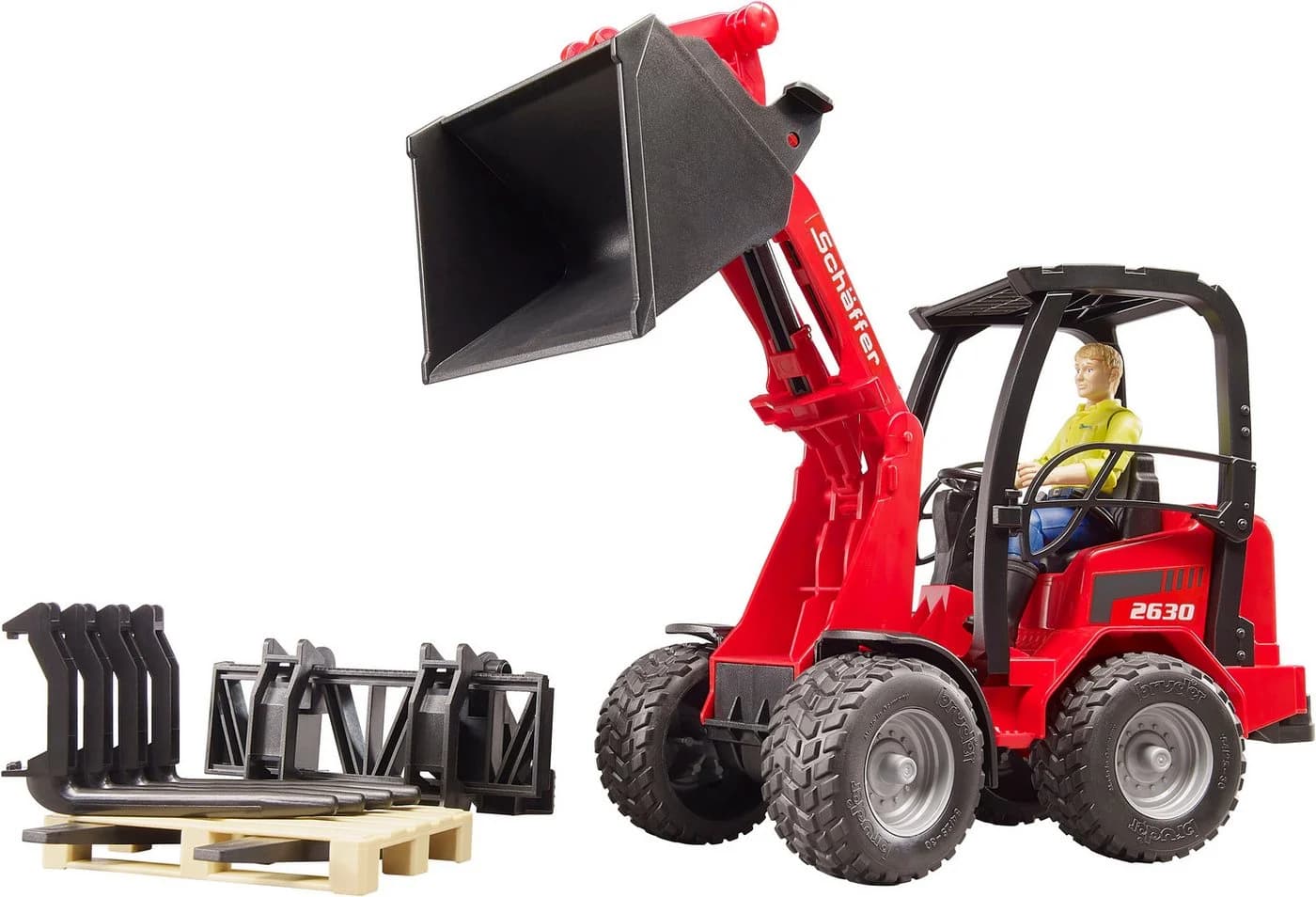 Bruder Spielzeug-Bagger Schäffer Hoflader 2630 mit Figur und Zubehör