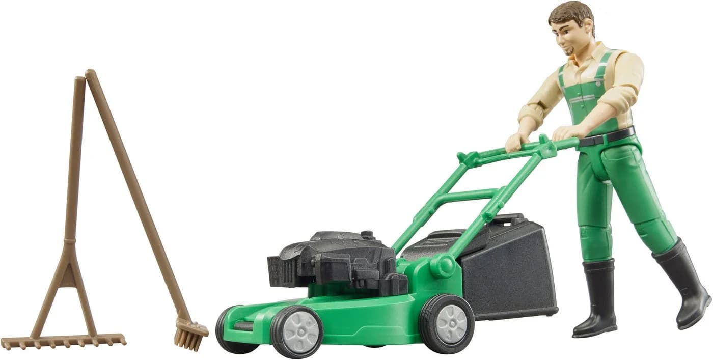 Bruder® Spielfigur bworld Gärtner mit Rasenmäher und Gartengeräten