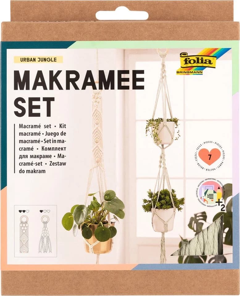 Folia Kreativset Makramee Set Urban Jungle, 7-tlg. Garn Baumwolle Holzringe Holzperlen