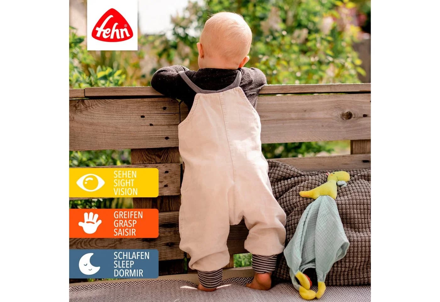 FEHN Happy Dino Kuscheltuch Bunt Baumwolle Musselin Schnuffeltuch Baby