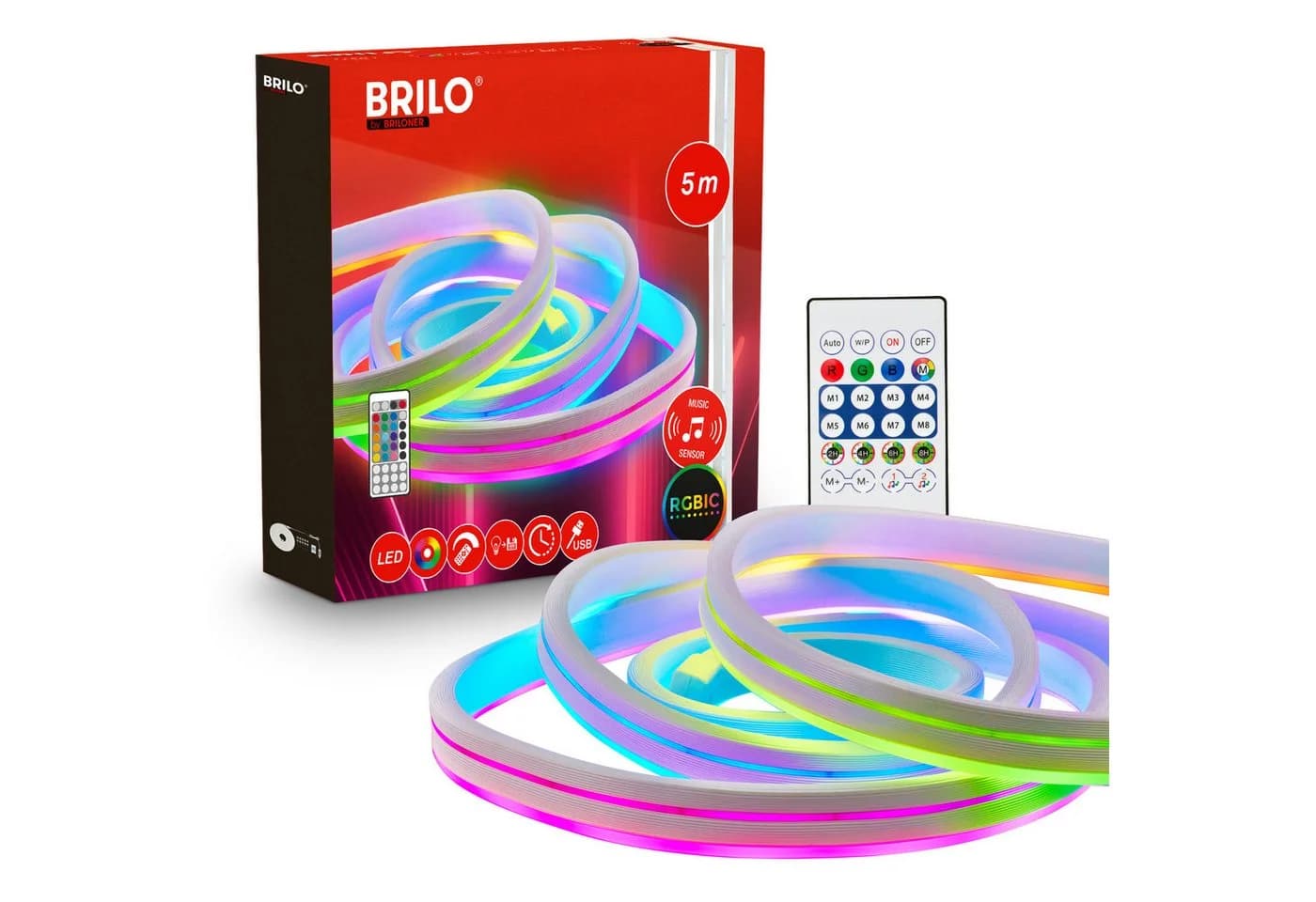 Briloner LED RGBIC Neon Flexband 3-5m mit Fernbedienung & Musiksensor