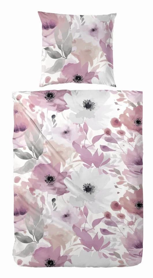 PRIMERA Feinbiber-Bettwäsche Lila Grau Blumenmuster 100% Baumwolle