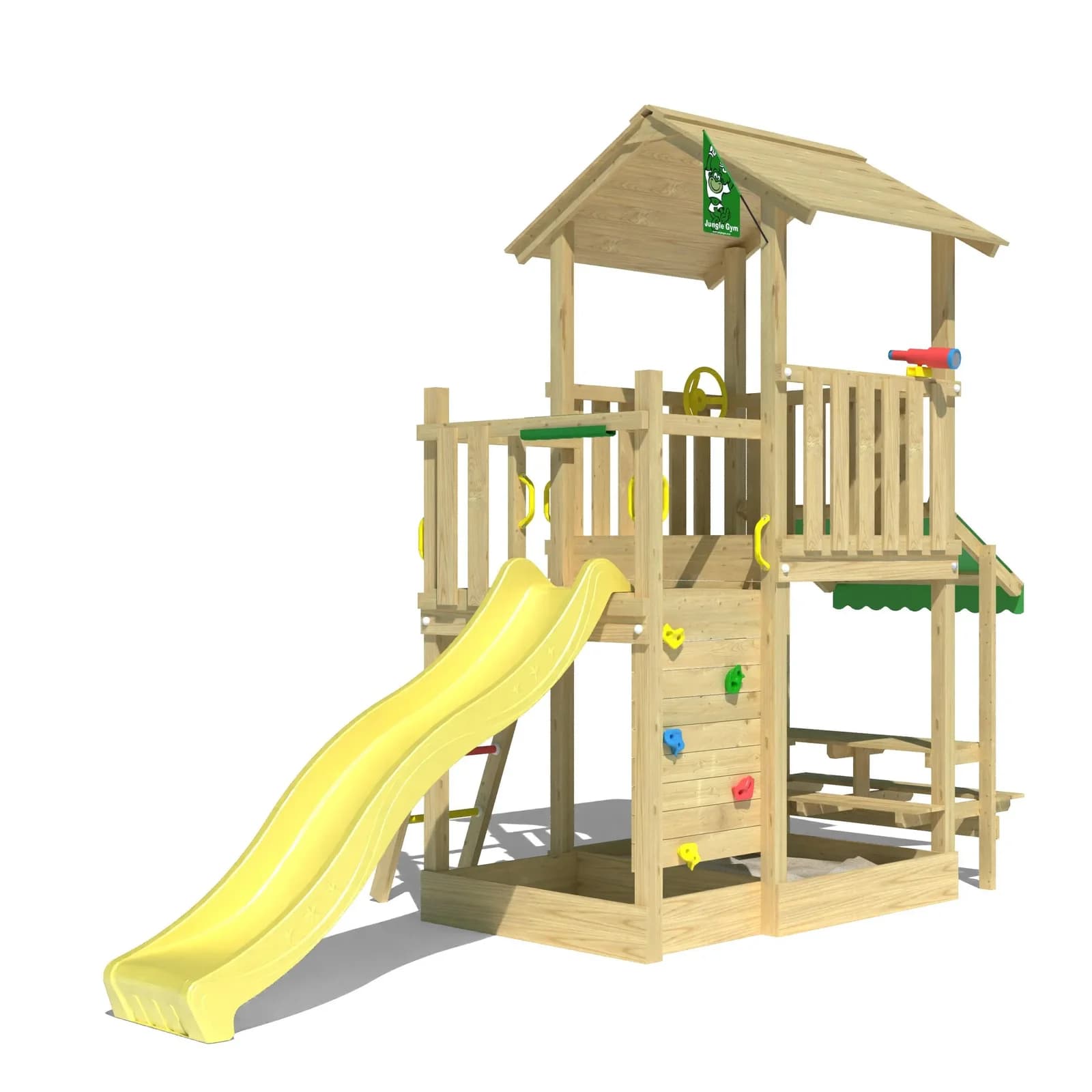 Jungle Gym Keep Spielturm gelb mit Rutsche und Mini Market