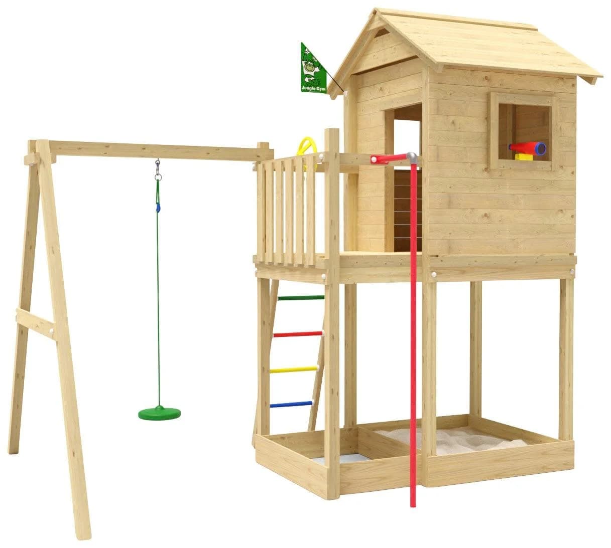 Jungle Gym Firehouse Spielturm mit Schaukel und Feuerwehrstange