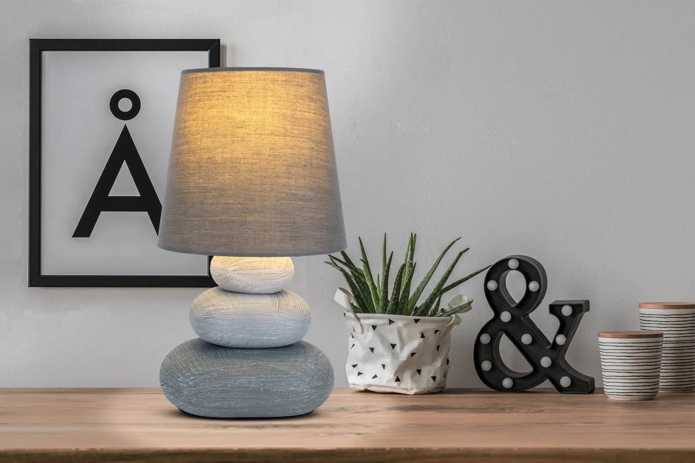NÄVE LED Tischleuchte Stoney Grau Keramik Textil