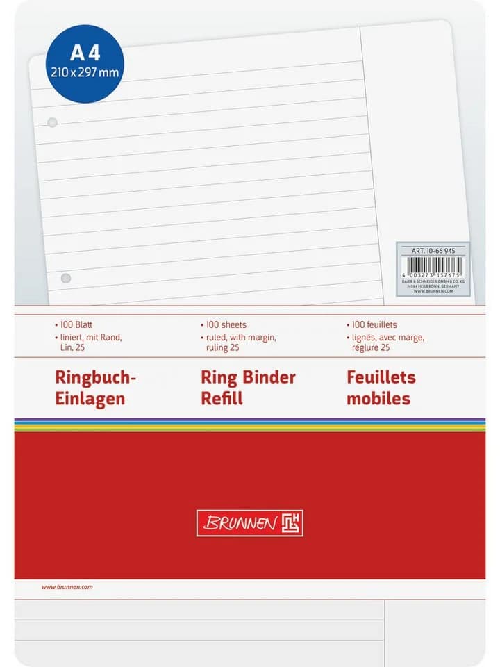Baier & Schneider Collegeblock Ringbucheinlagen liniert A4 100 Blatt weiß