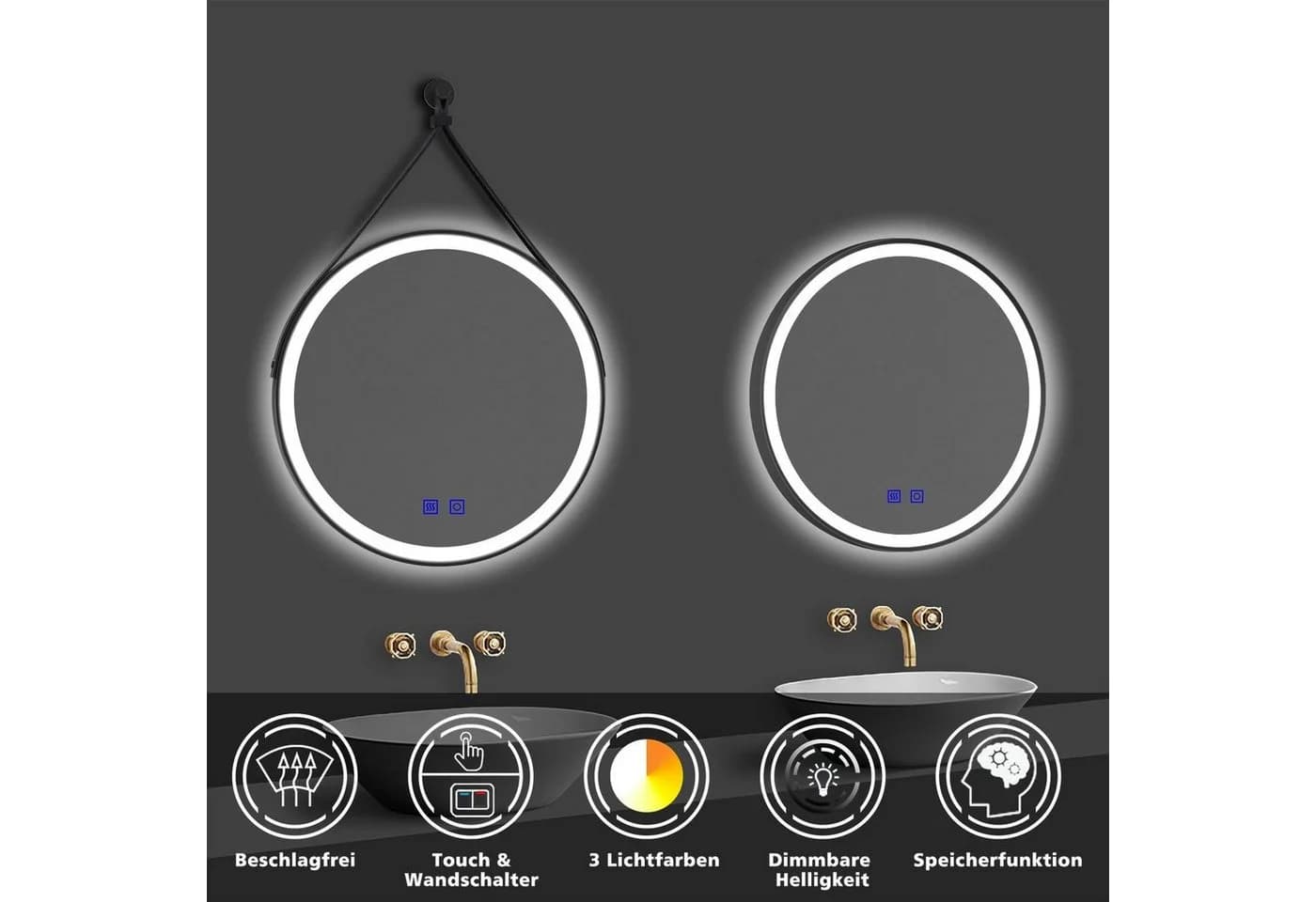 duschspa Runder LED Badspiegel Schwarz mit Licht und Dimmfunktion