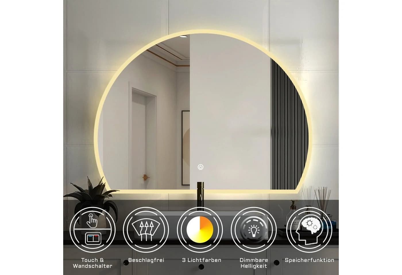 duschspa LED Badspiegel Halbrund Touch/Wandschalter Dimmbar Memory Beschlagfrei