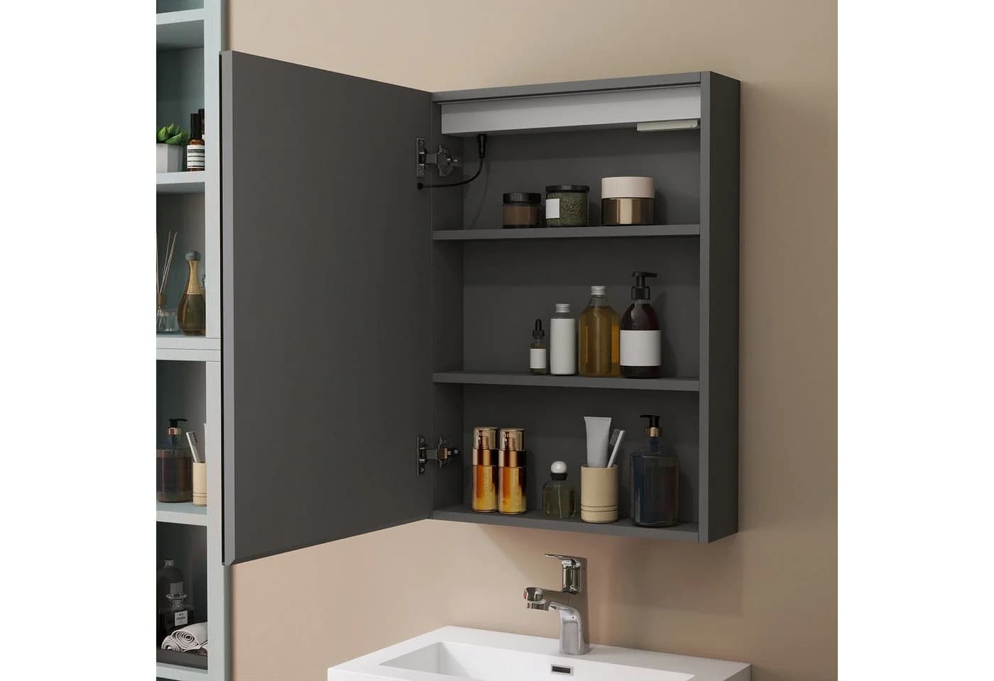 duschspa Spiegelschrank LED Badschrank Schwarz Hochglanz 40-100cm