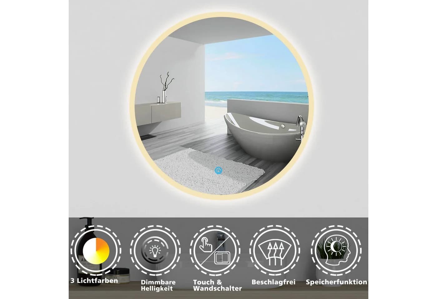 duschspa Badspiegel Rund LED Beleuchtung Touch