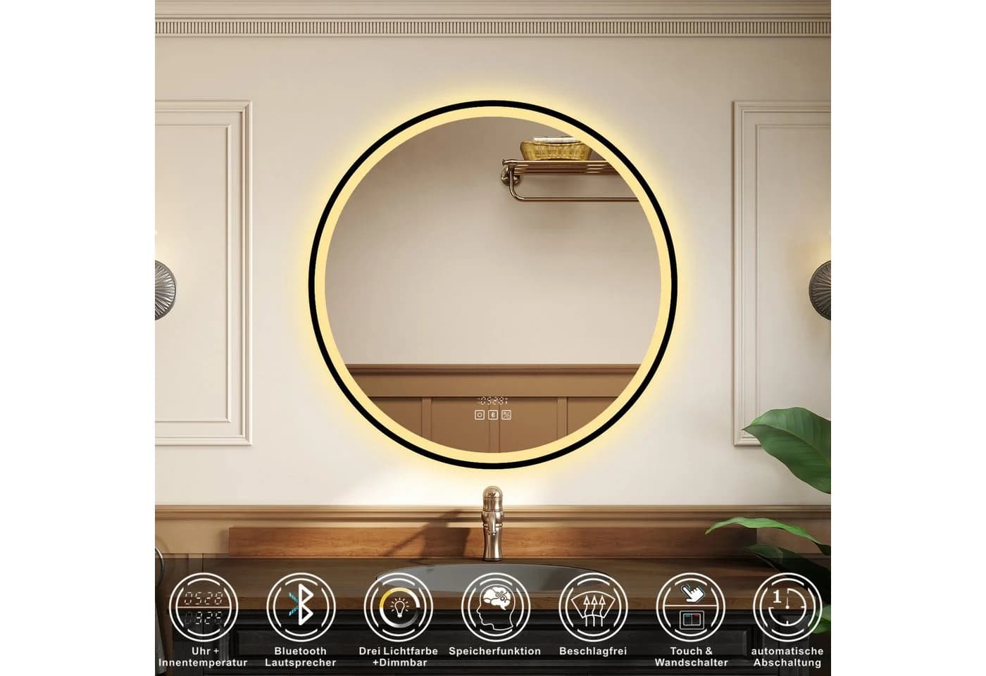 AICA Badspiegel mit LED Beleuchtung, Bluetooth 5.0 & Uhr