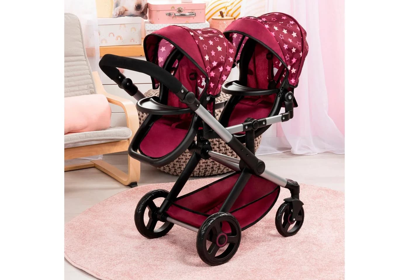 Bayer Puppen-Zwillingsbuggy Xeo Twin bordeaux mit Wickeltasche