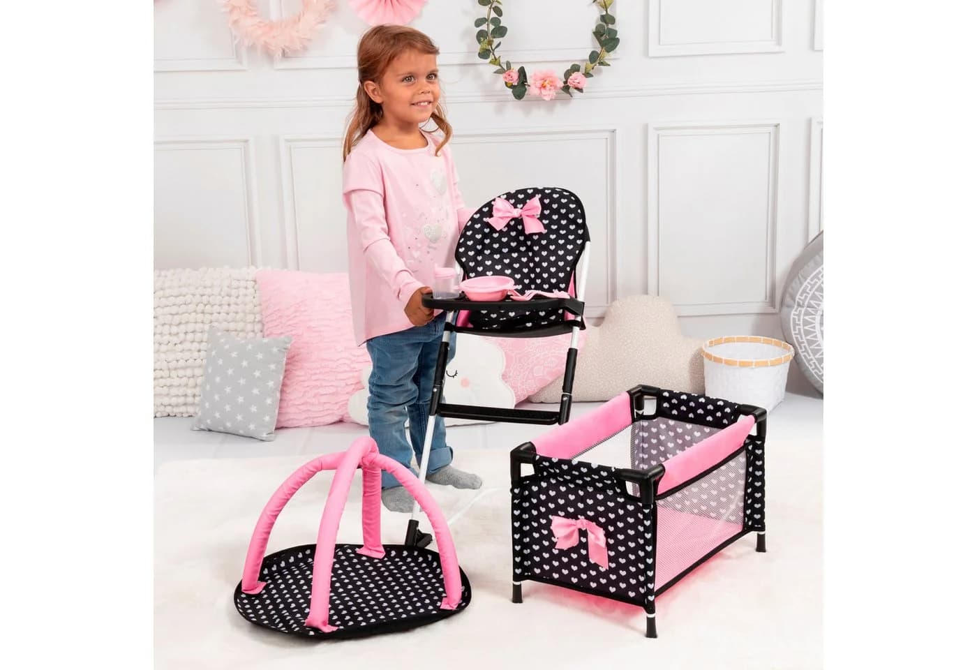 Bayer Puppenmöbel Reisebett-Set mit Hochstuhl, Spielbogen und Zubehör für Puppenpflege