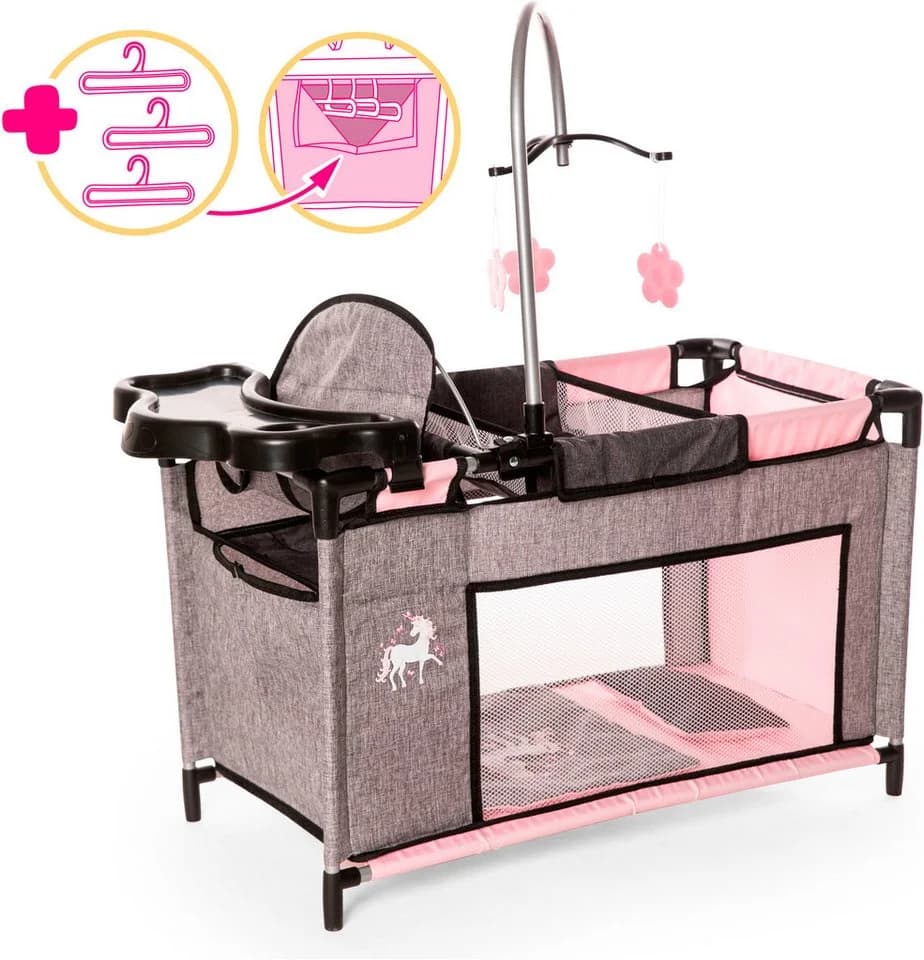 Bayer Puppenbett Multibett Hochstuhl Wickelablage Mobile Einhorn grau/rosa