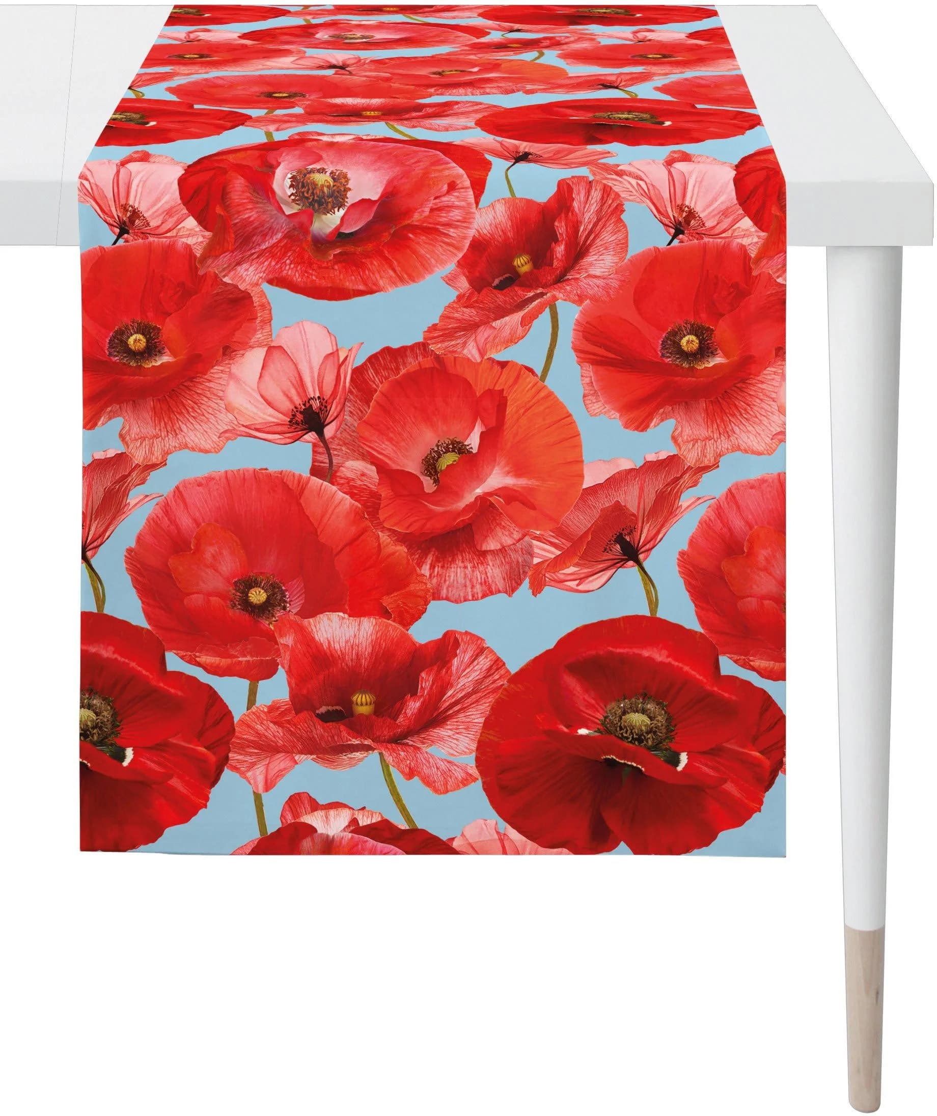 Apelt Tischläufer SUMMERTIME Blau/Rot Mohnblüten Digitaldruck