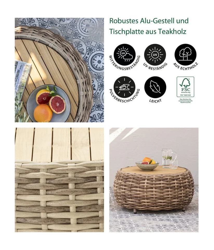 Dehner Gartenlounge-Set Lounge Tisch Tulum Beistelltisch Kunststoffgeflecht Aluminium Teakholz
