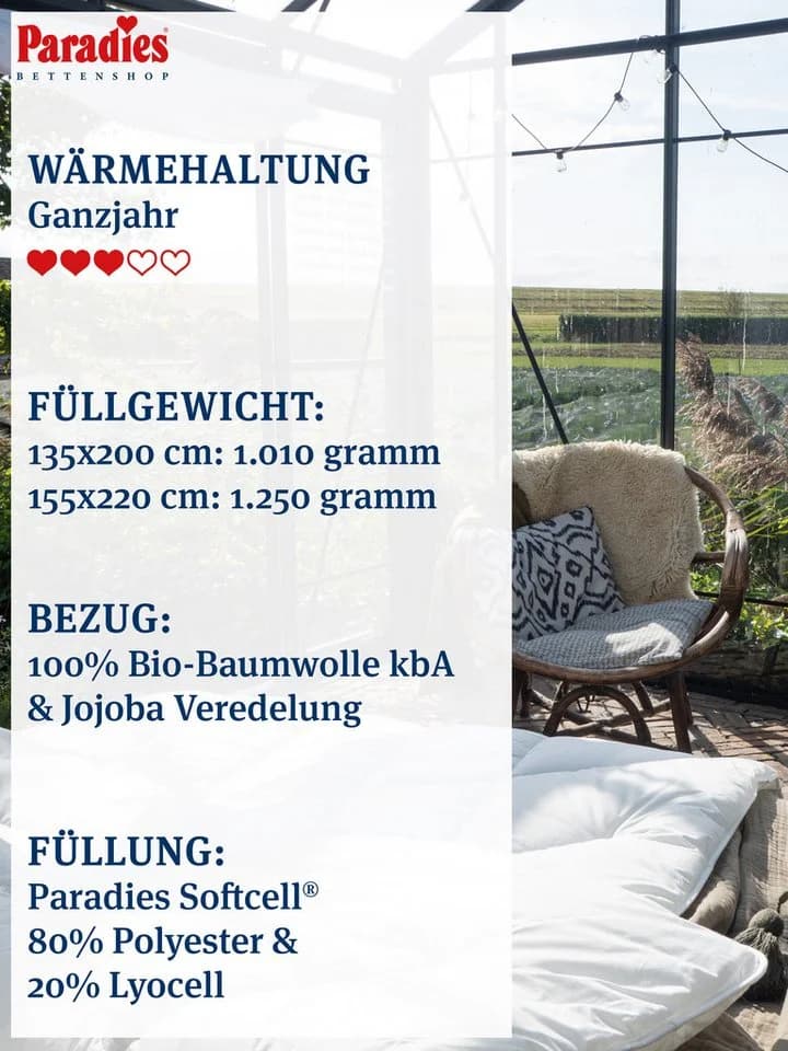Paradies Avera Bio Kunstfaserbettdecke 135x200 Weiß Ganzjahresdecke