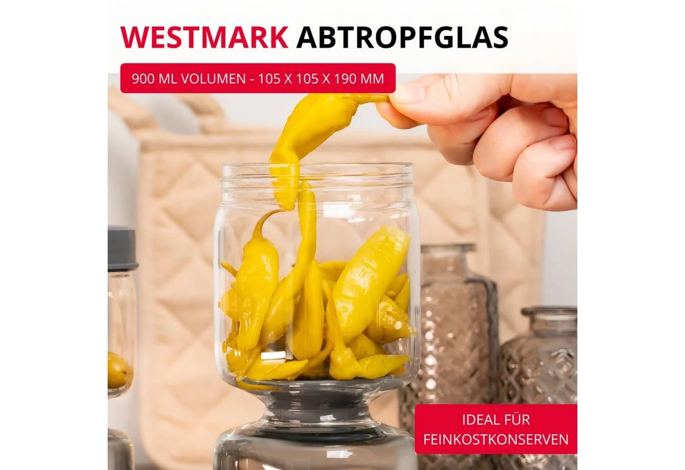 WESTMARK Abtropfglas 900 ml mit Sieb, Borosilikatglas, Schwarz/Transparent