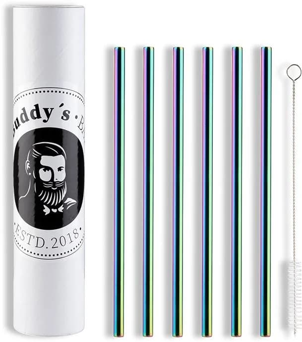 Buddy´s Bar Trinkhalme Bunt Edelstahl 6 Strohhalme + Reinigungsbürste