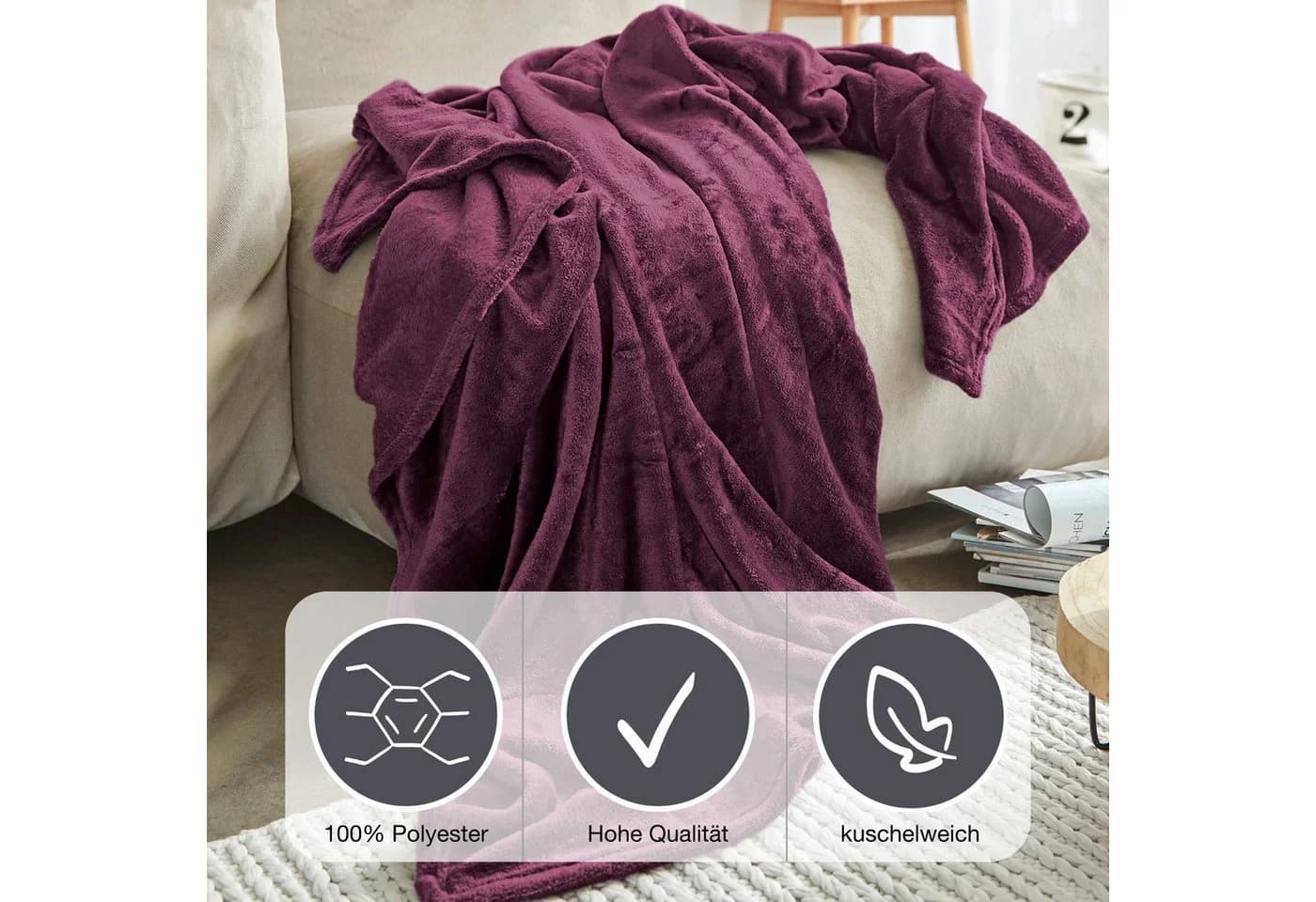 IBENA Uni Fleecedecke Olbia Dunkelviolett Kuscheldecke