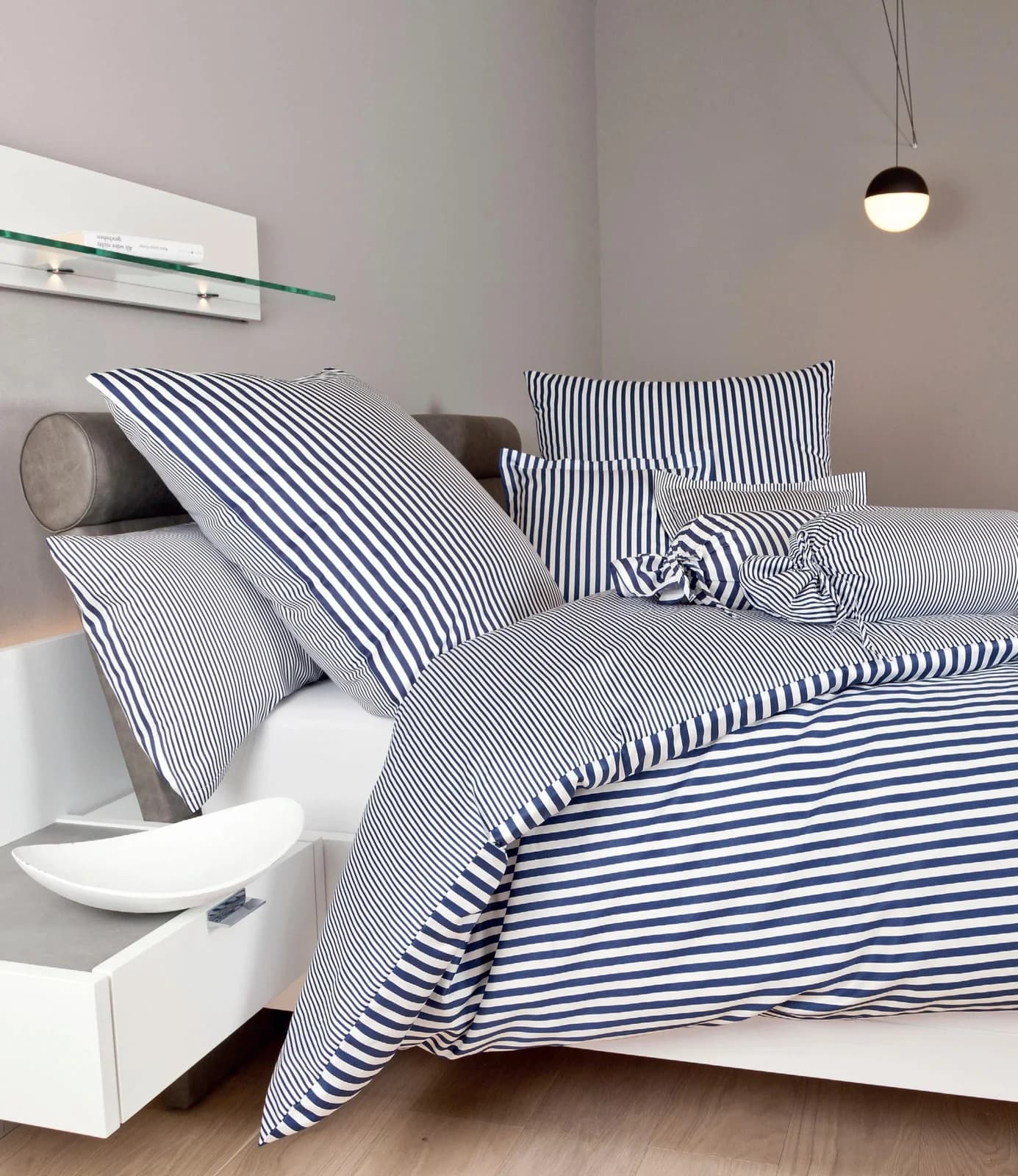 JANINE Wendebettwäsche Mako-Satin Marine Streifen 3-tlg.