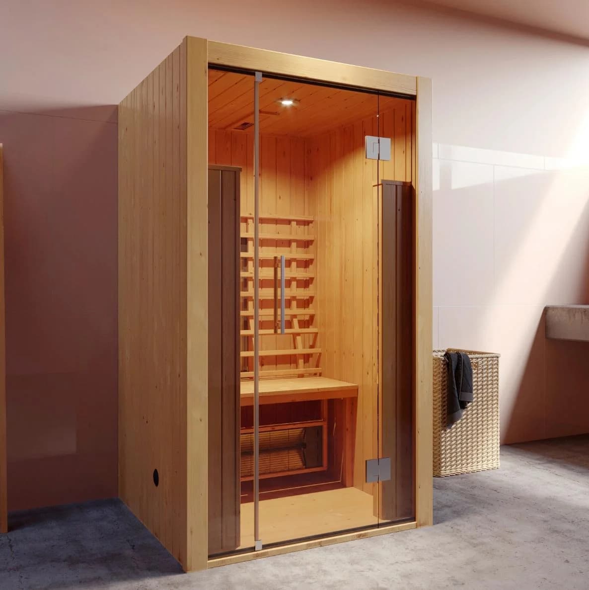 Infrarotkabine aus Glas und Holz in beige