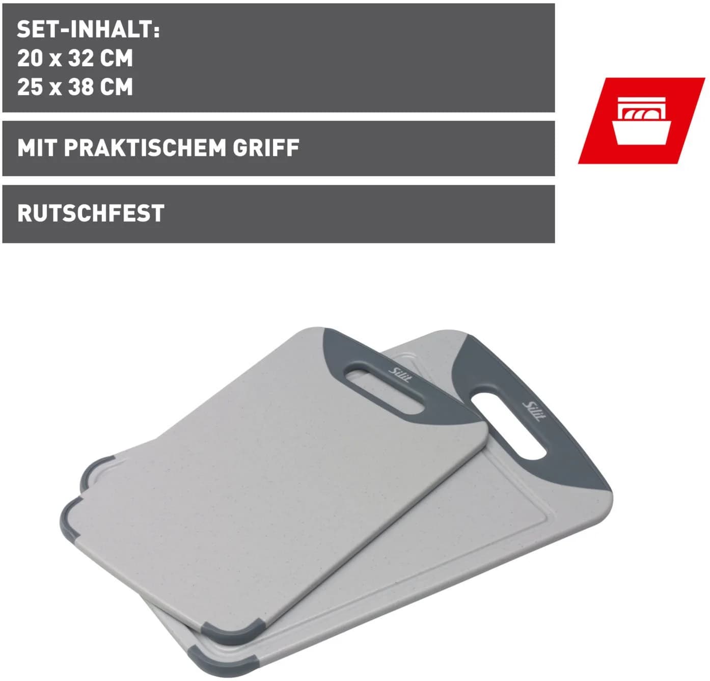 Silit Schneidebrett Set 2-teilig Kunststoff Küchenbrett mit Saftrille