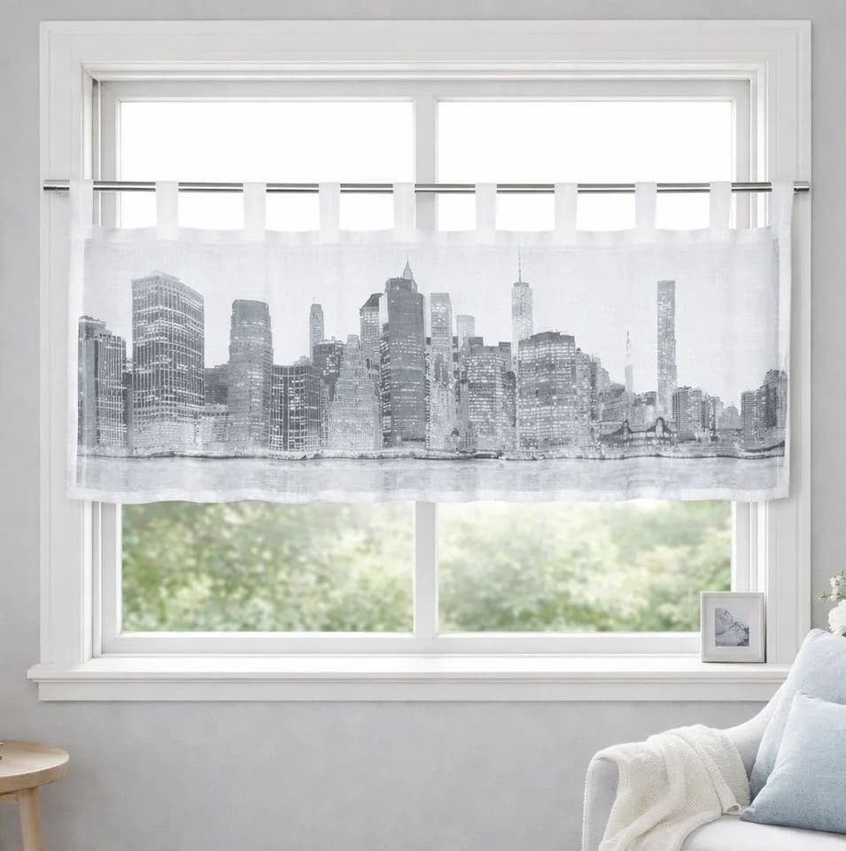 WILLKOMMEN ZUHAUSE Scheibengardine Sally transparent mit Skyline-Optik