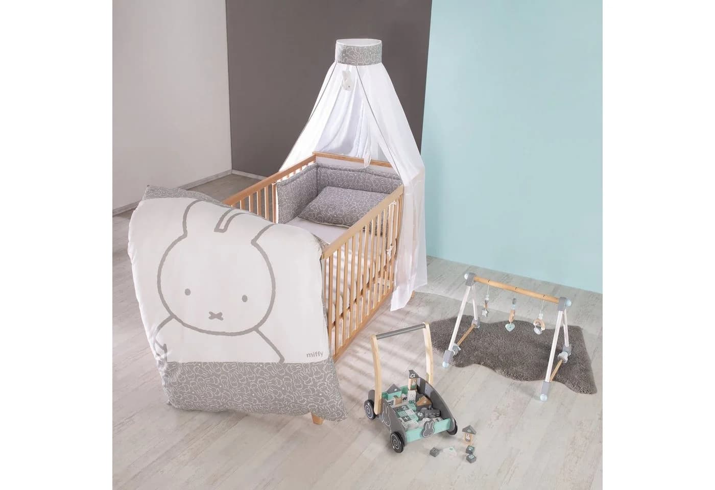 ROBA Himmelbettgarnitur Miffy Grau 4-tlg. mit Bettwäsche Nestchen Himmel