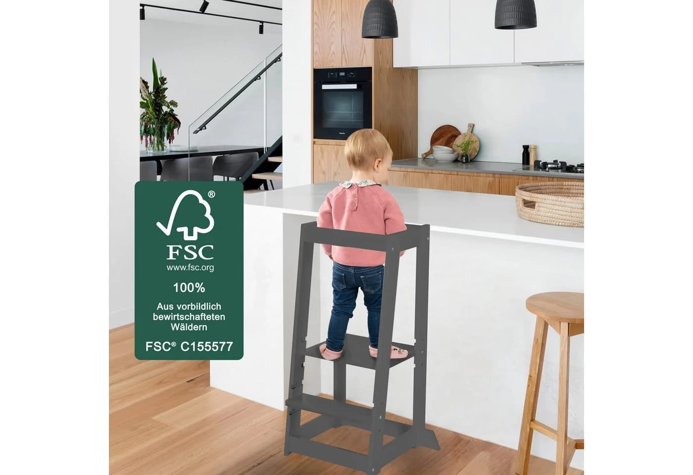 roba® Monti Step Lernturm Montessori Tritthocker Kinder Küchenhelfer 80 kg Kippschutz FSC Holz Anthrazit