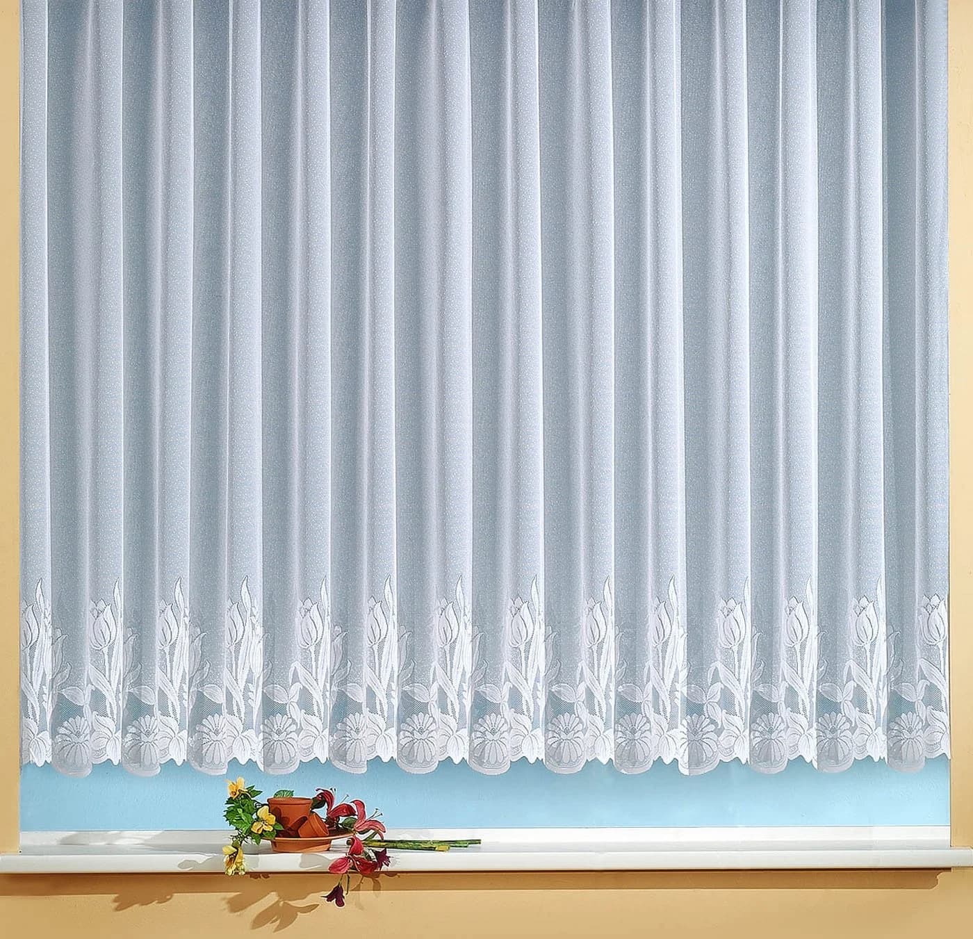heimtexland Gardine Store Vorhang Weiß Jacquard Blumenbordüre