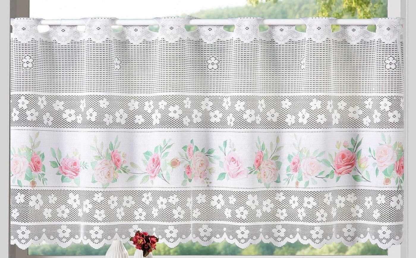 Weckbrodt Scheibengardine Rosen Rosa Weiß Jacquard