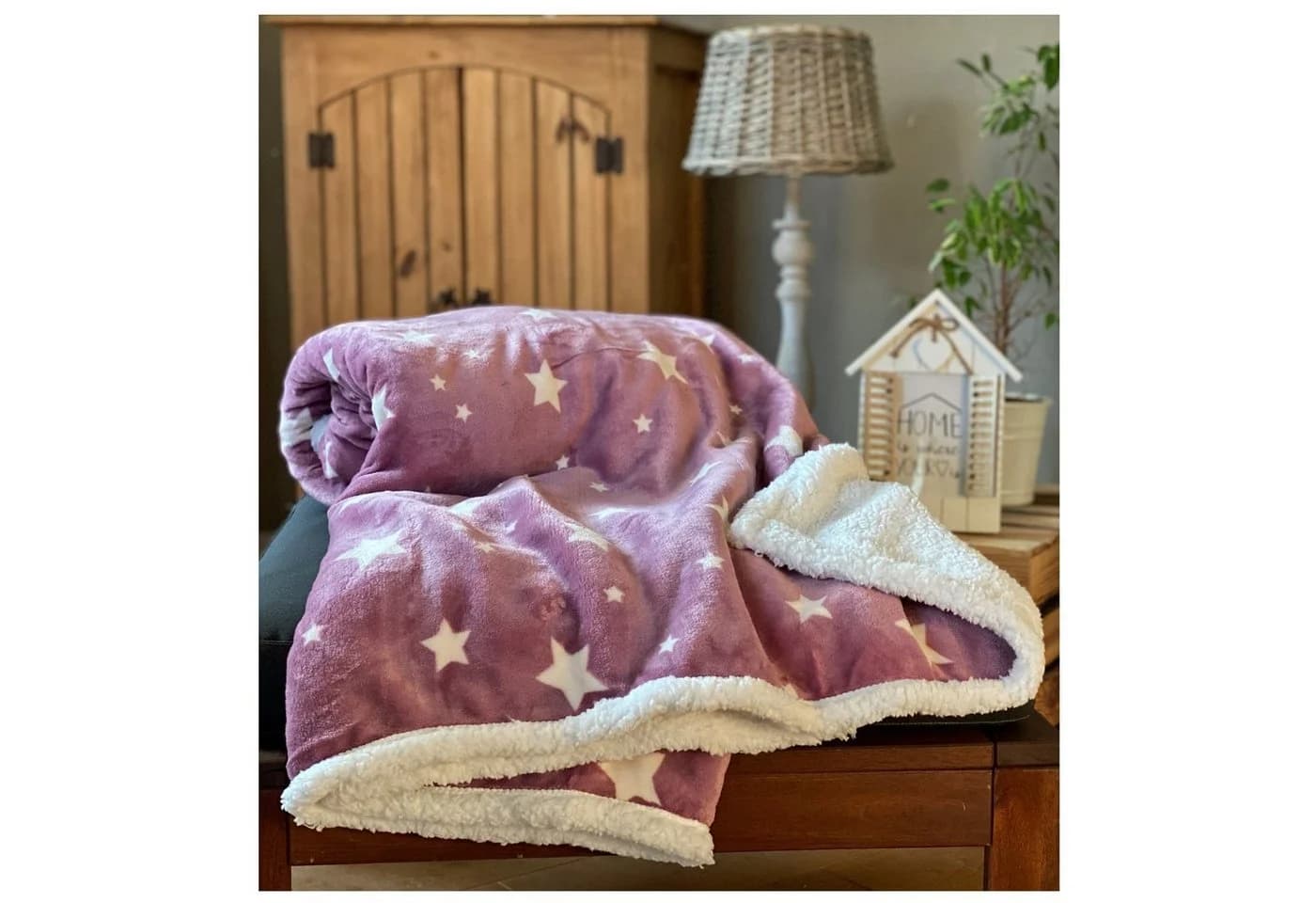 heimtexland Wohndecke Soft Flanell Sterne Kuscheldecke mit Sherpa Fell Rosa