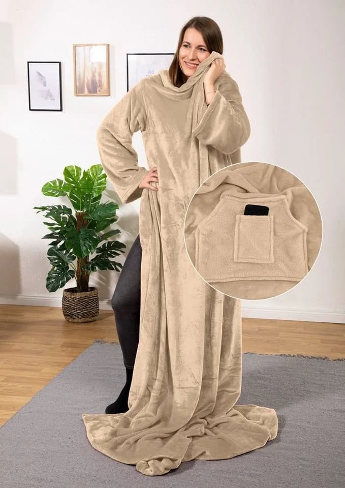 heimtexland Tragbare Ganzkörperdecke mit Ärmeln Beige Flanell