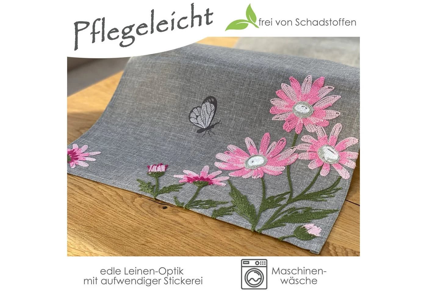 heimtexland Tischdecke Blumen Rosa Bestickt Leinen-Optik