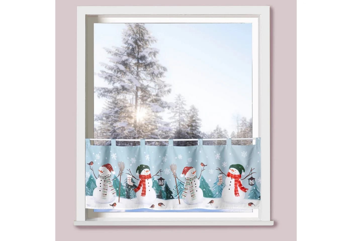 heimtexland Weihnachts-Scheibengardine mit Schneemann-Motiv in Blau
