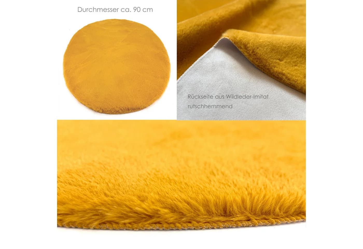heimtexland Fellteppich Hochflor Rabbit 90 Rund Senfgelb Waschbar