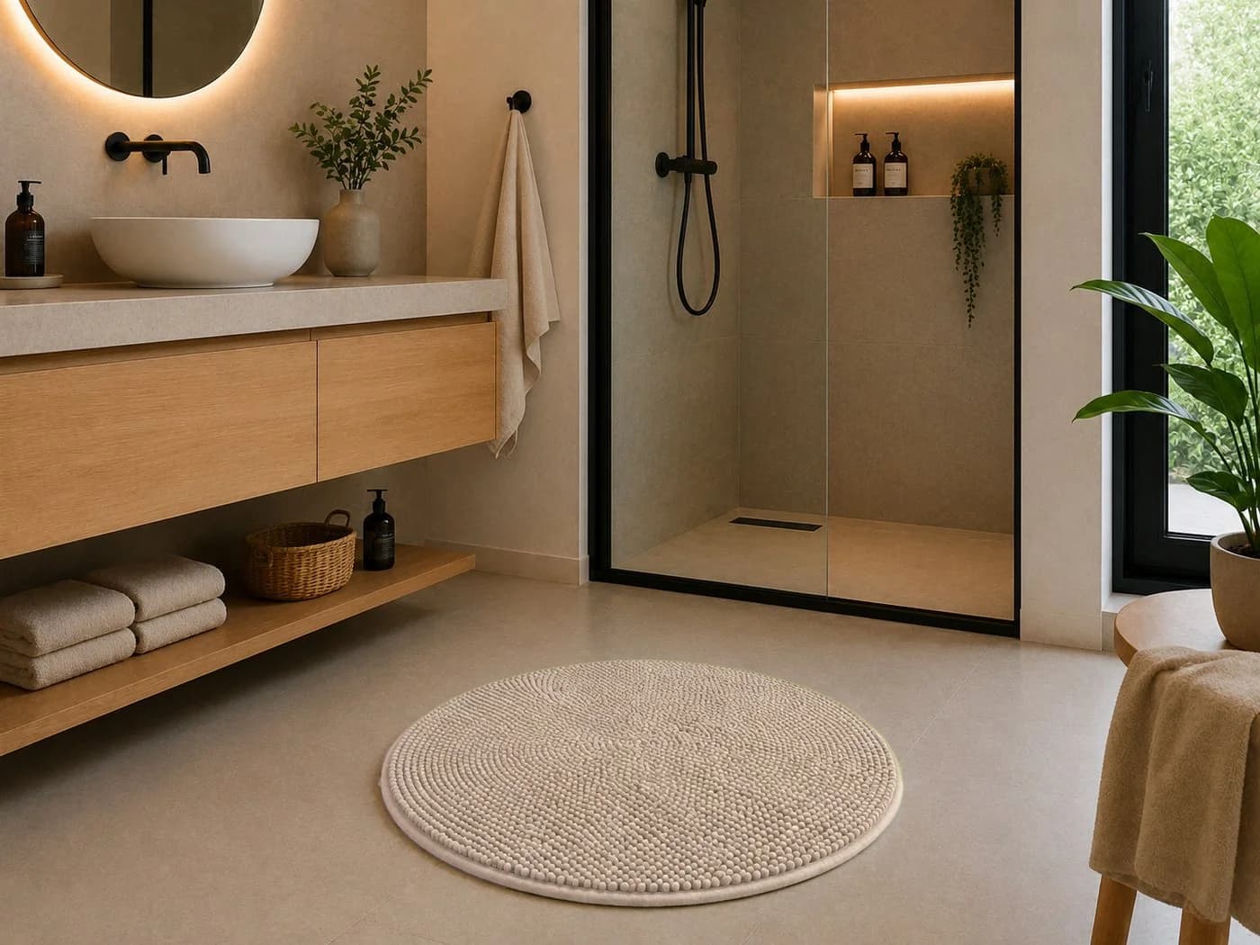 heimtexland Badematte Chenille Badvorleger Rund 60 cm Beige