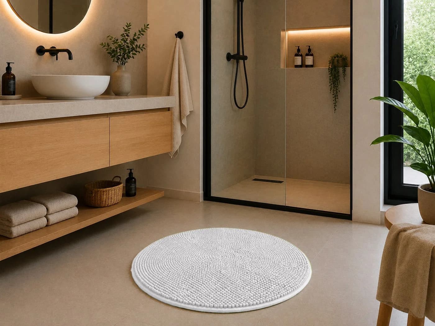 heimtexland Badematte Chenille Rund 60 cm Beige Rutschfest