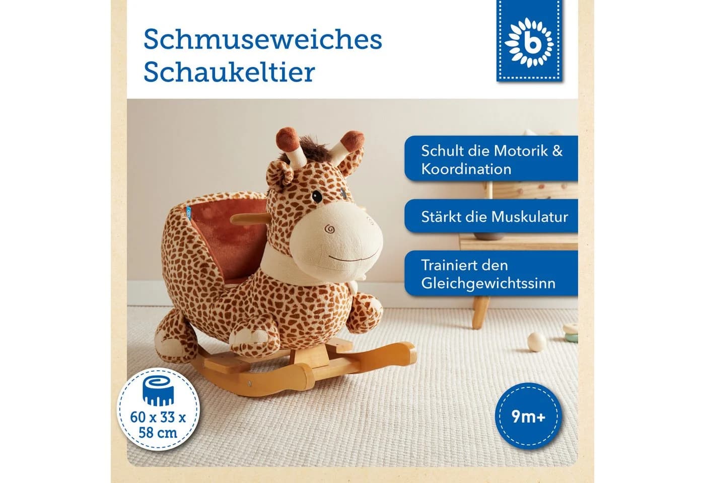 BIECO Schaukeltier Giraffe Beige Plüsch mit Sicherheitsgurt