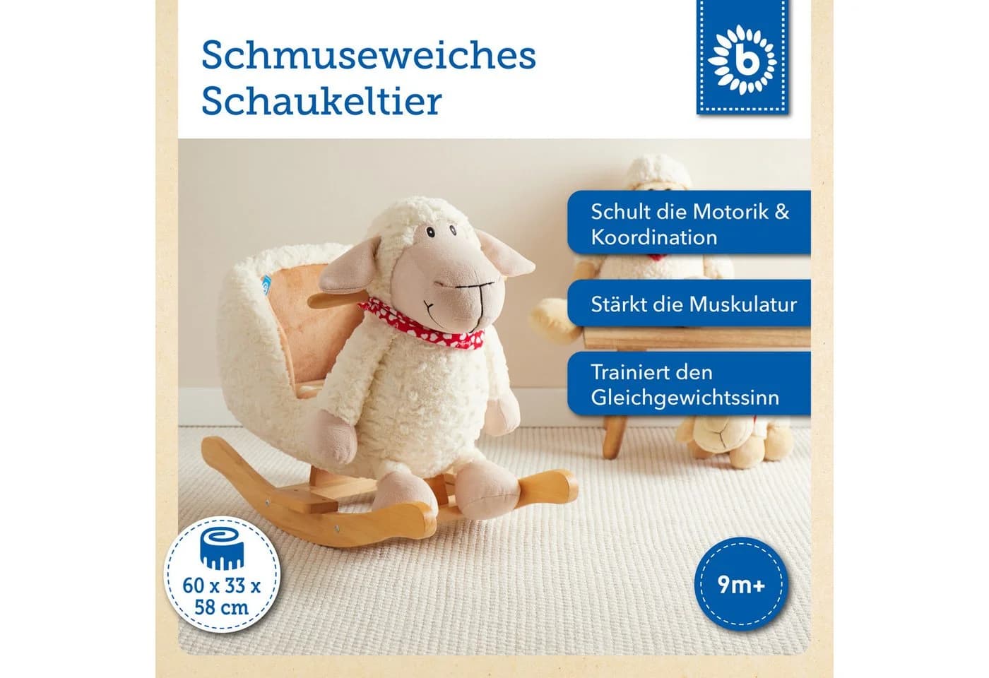 BIECO Schaukeltier Schaf Weiß Plüsch mit Sicherheitsgurt